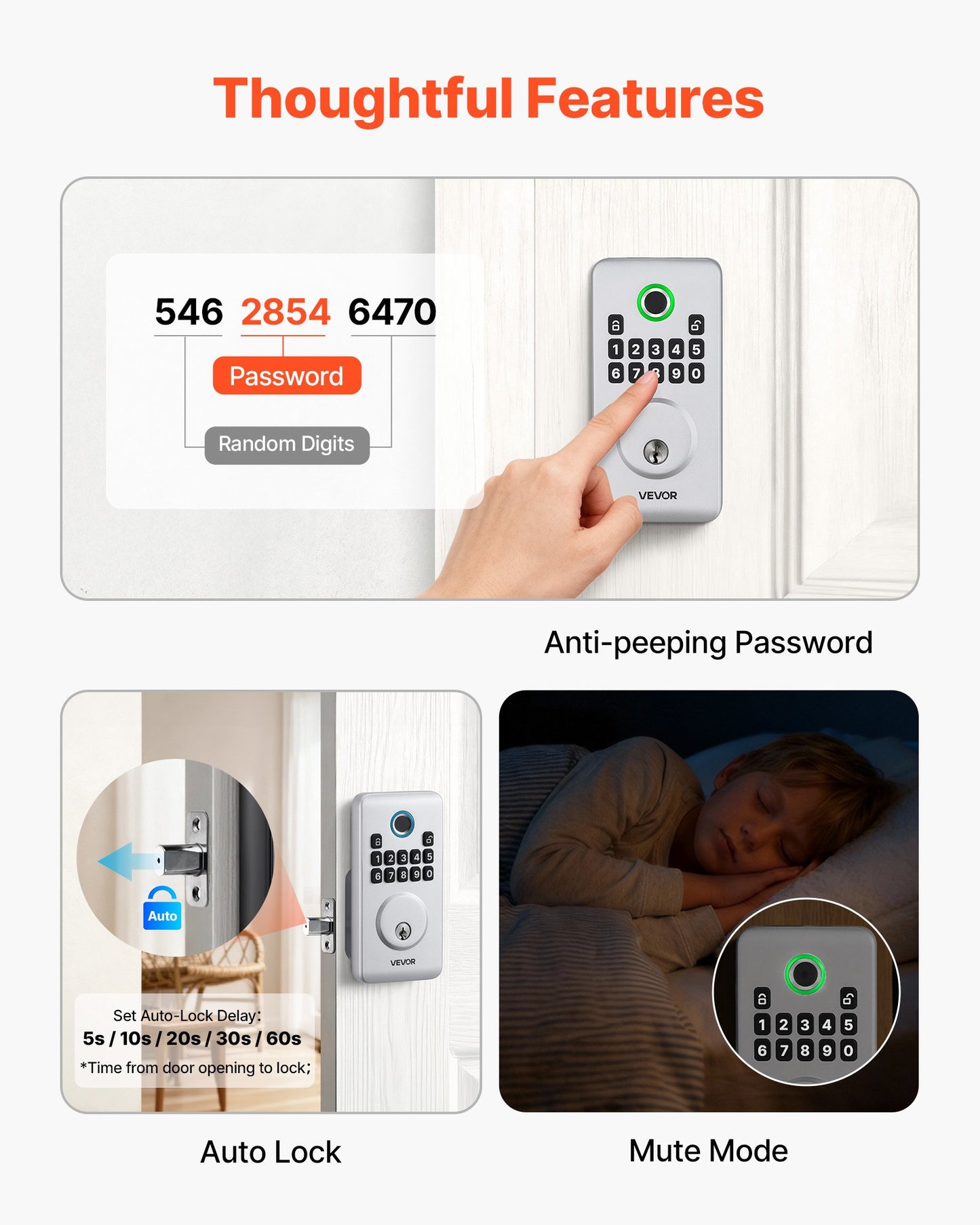 Fingerprint Door Lock, Electronic Biometric Deadbolt With Pioneering Easy-Grip Design, Auto Locking, One-Time Code, Anti-Peeking Password, Keyless Entry Door Lock For Home, Apartment, Silver