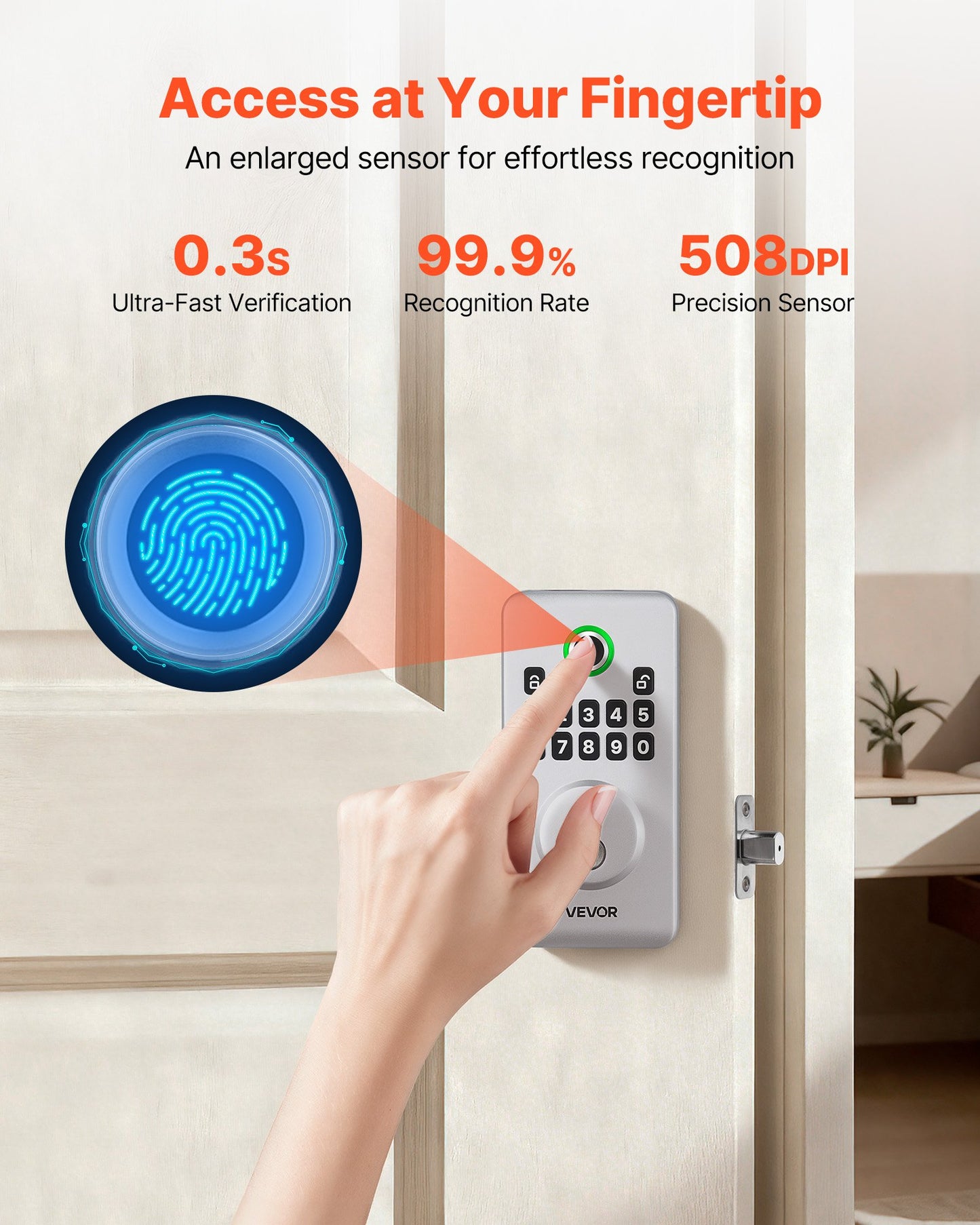 Fingerprint Door Lock, Electronic Biometric Deadbolt With Pioneering Easy-Grip Design, Auto Locking, One-Time Code, Anti-Peeking Password, Keyless Entry Door Lock For Home, Apartment, Silver