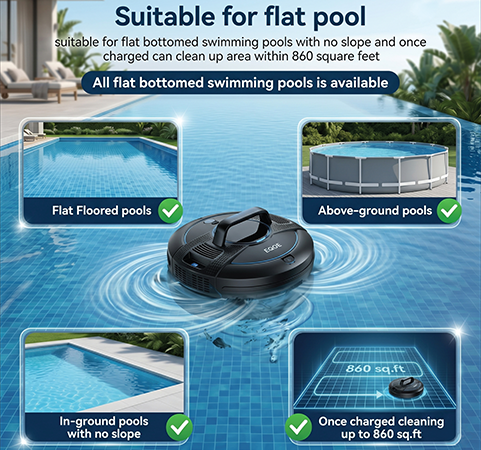 SP1 - Cordless Robotic Pool Cleaner, Pool Robot, Automatic Pool Vacuum for Floor Only Cleaning Flat Bottom Above Ground Pools up to 860 sq ft, 2.5 Hour Fast Charge, 120 Minute Run Time