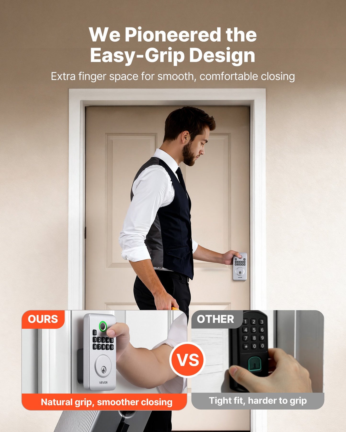 Fingerprint Door Lock, Electronic Biometric Deadbolt With Pioneering Easy-Grip Design, Auto Locking, One-Time Code, Anti-Peeking Password, Keyless Entry Door Lock For Home, Apartment, Silver